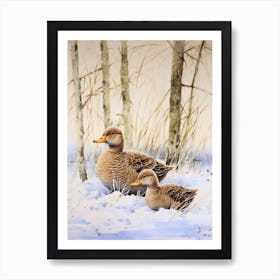 Snowy Duck Winter Painting Mixed Media 4 Art Print
