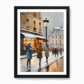 Paris cafes, winter season, Christmas, autumn oil colors, pale colors, pedestrians in the street, winter clothes, falling snow.Christmas decorations.7 2 Art Print