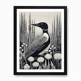 B&W Bird Linocut Common Loon 1 Art Print