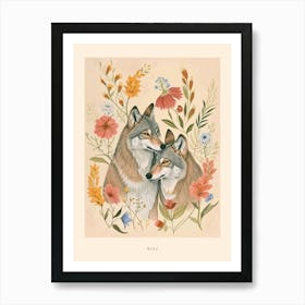 Folksy Floral Animal Drawing Wolf 4 Poster Art Print