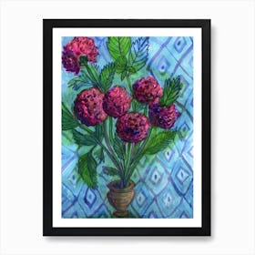 Purple Pot Of Dahlias Art Print