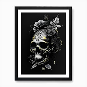 Skull With Floral Patterns Yellow Stream Punk Art Print