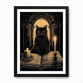 A Spooky Black Cat Reading A Book With Candles 2 Art Print