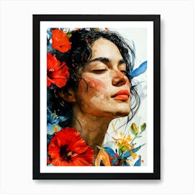 Watercolor Of A Woman With Flowers painting Art Print