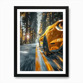 Golden Mustang Driving In The Forest Art Print