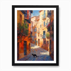 Painting Of A Street In Barcelona With A Cat 2 Impressionism Art Print