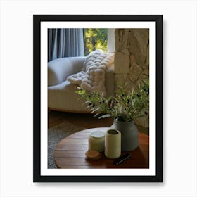 Scandinavian Style Living Room, Fashion Inspired, Neutral Colour Tones, Beige, Brown, Stone Wall, Boucle Couch Art Print