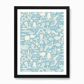 Underwater Mermaids and Sea Life Block Print White on Sky Blue Kids Art Print