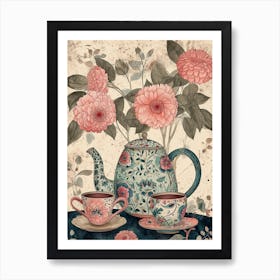 Watercolour Floral Teapot & Cups 2 Art Print