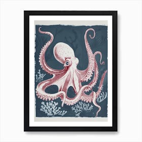 Retro Red Navy Octopus Linocut Style 4 Art Print