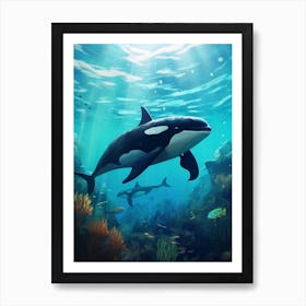 Underwater Orca Whales With Fish Aqua Blue Art Print