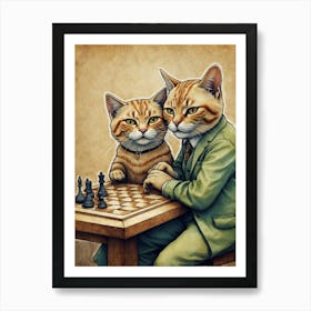 Two Cats Playing Chess 2 Art Print