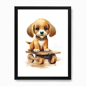 Puppy On A Toy Car, Watercolour Nursery 0 Art Print