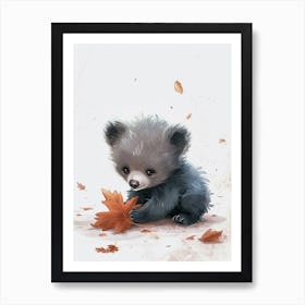Sloth Bear Cub Playing With A Fallen Leaf Storybook Illustration 2 Art Print