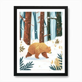 Sloth Bear Walking Through A Snow Covered Forest Storybook Illustration 1 Art Print