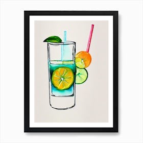 Mai Tai Minimal Line Drawing With Watercolour Cocktail Poster Art Print