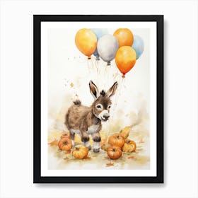 Donkey Flying With Autumn Fall Pumpkins And Balloons Watercolour Nursery 3 Art Print