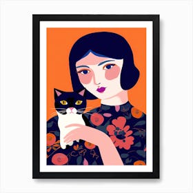 Cat Lady Blue Hair Illustration Art Print