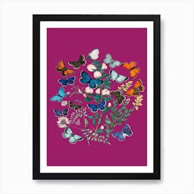 Vintage Flowers Butterfly Floral Pink Illustration Art Print