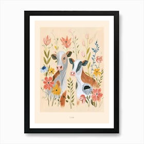 Folksy Floral Animal Drawing Cow 4 Poster Art Print