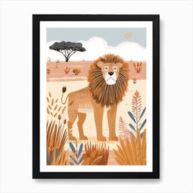 African Lion Hunting In The Savannah Illustration 4 Art Print