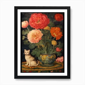 Ranunculus With A Cat 2 William Morris Style Art Print