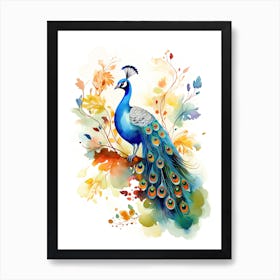A Peacock Watercolour In Autumn Colours 1 Art Print