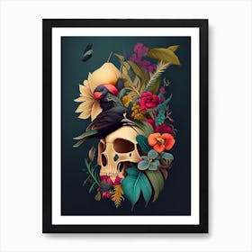 Skull With Bird Motifs Colourful Botanical Art Print