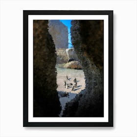 Penguins In A Bay, Beach, Sea, Oil Painting Art Print