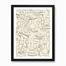 Hand-drawn dinner table with dishes wine bottles and candlelight in black and beige Art Print