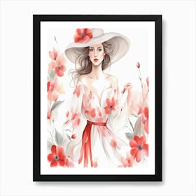 Beautiful Woman In White Dress With Red Flowers Art Print