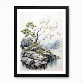 Yufuin In Oita,  Japanese Brush Painting, Sumi E, Minimal  3  Art Print