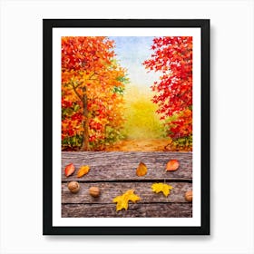 Autumnal Tableau In Vibrant Watercolor Leaves In Shades Of Crimson Orange And Gold Aflutter Amids (4) Art Print