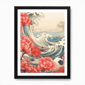 Great Wave With Geranium Flower Drawing In The Style Of Ukiyo E 2 Art Print