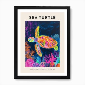 Neon Underwater Sea Turtle Poster 3 Art Print