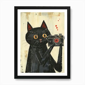 Black Cat With Camera Art Print