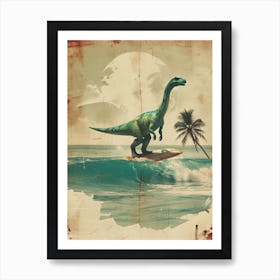 Vintage Brontosaurus Dinosaur On A Surf Board    1 Art Print