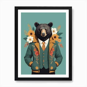 Floral Black Bear Portrait In A Suit (26) Art Print