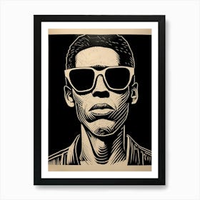 Linocut Inspired Face With Sunglasses Portrait 3 Art Print