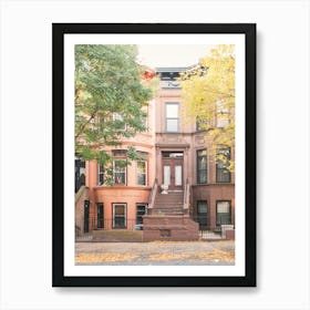 New York, USA I Street architecture with aesthetic orange autumn in the residential district of Brooklyn with cozy houses photography for a film movie or TV series cityscape with Carrie Bradshaw's apartment loft Art Print