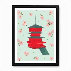 Cherry Blossoms and Temple Art Print