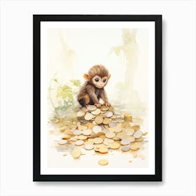 Monkey Painting Collecting Coins Watercolour 4 Art Print