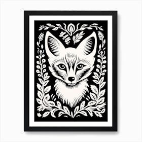 Linocut Fox Illustration Black 11 Art Print