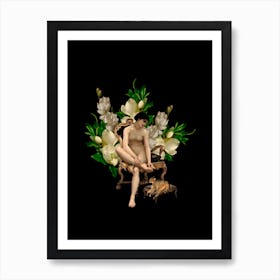 Vintage Naked Girl Sitting In Armchair With Dog And Magnolia Flowers Art Print