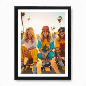 A Joyous Group Of Three Caucasian Female Skateboarders Hipster In Style Smiling Radiantly Sitting Art Print