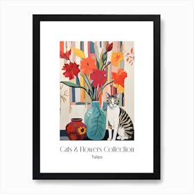 Cats & Flowers Collection Tulip Flower Vase And A Cat, A Painting In The Style Of Matisse 3 Art Print
