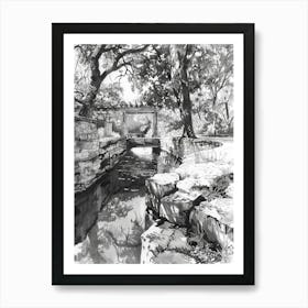 Hamilton Pool Preserve Austin Texas Black And White Drawing 2 Art Print