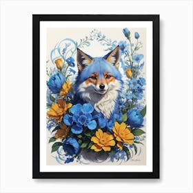 Blue Fox With Flowers Print Art Print