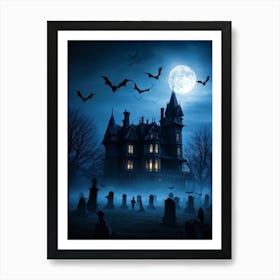 Frightened Souls Hovering Over A Victorian Mansion On A Dark Halloween Night Silhouetted Against A (4) Art Print