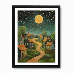 Painting Of A Night Sky With Stars, A Full Moon, And Cozy Village Houses Art Print